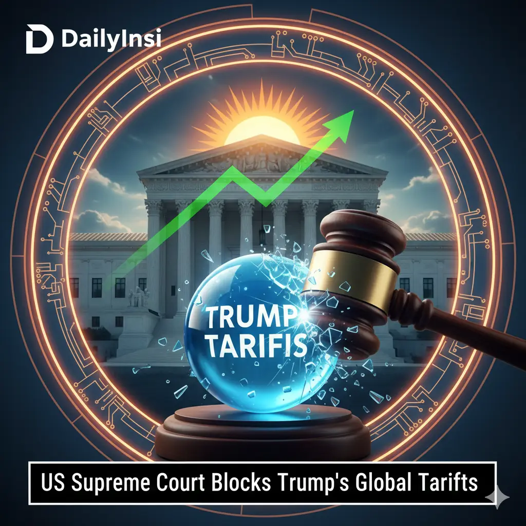 US Supreme Court building with gavel and shattered globe representing Trump's struck down global tariffs